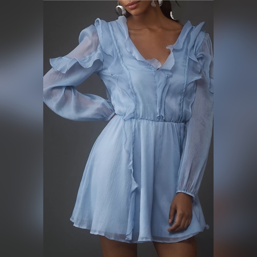 Hutch x Anthropologie Women's Long-Sleeve Frilled Romper w Pockets, Sky Blue